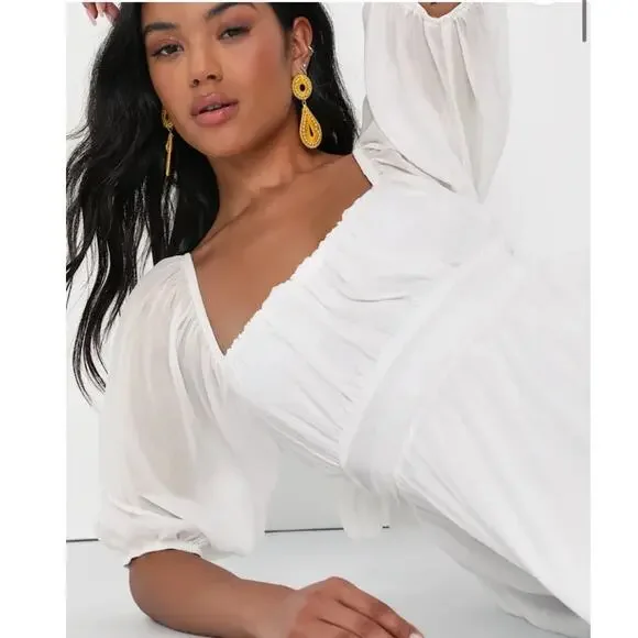 Lulus Ethereal Arrival White Puff Sleeve Tie-Back Chiffon Dress size XL NWT - Picture 5 of 14